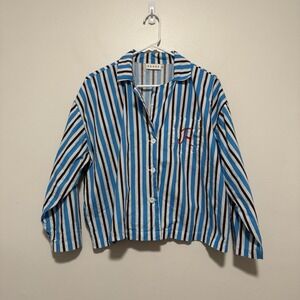 Rhode Blue Brown Striped Boxy Fit Button Down Blouse‎ R Embroidered Pocket Small